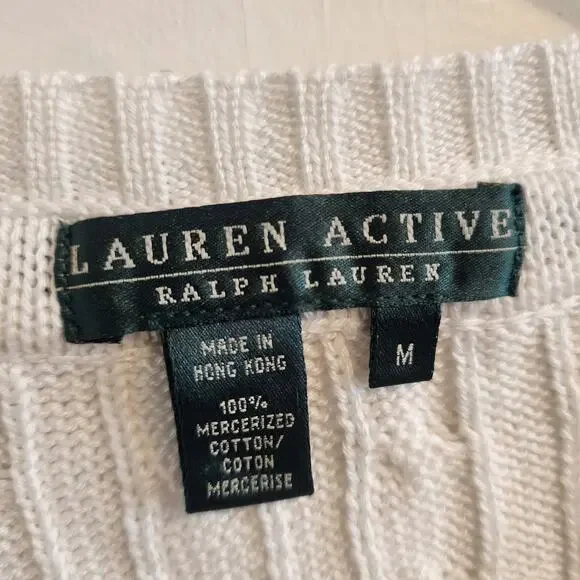 NEW Lauren Active Ralph Lauren V Neck Sweater Medium Cable White Golf w/ Crest - Picture 2 of 6